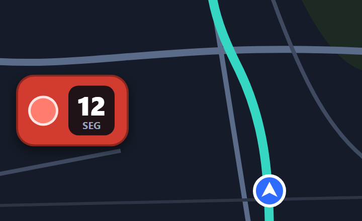 Na tela do GPS, o farol fechado como instrumento: lâmpada vermelha e 12 segundos no visor