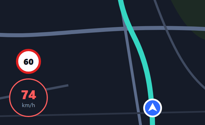 Na tela do GPS, a placa de limite 60 sobre o velocímetro marcando 74 km/h em vermelho