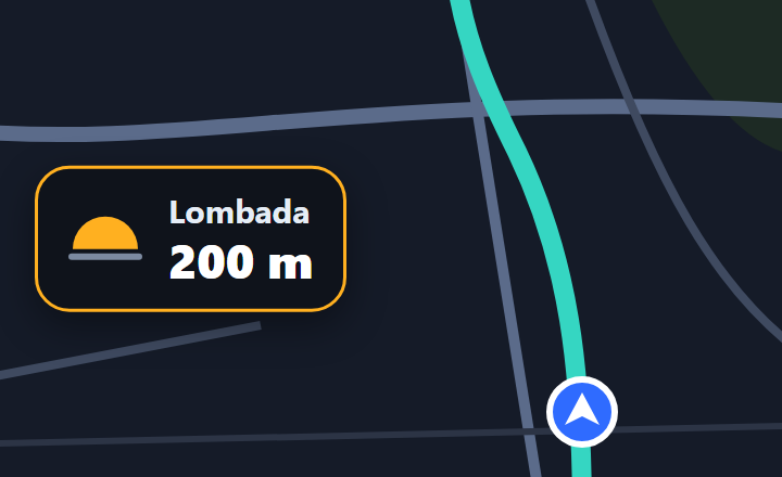 Na tela do GPS, o cartão de aviso: Lombada, 200 m