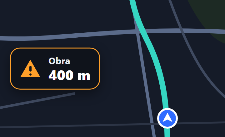 Na tela do GPS, o cartão de aviso: Obra, 400 m