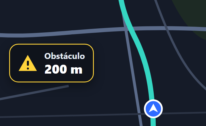 Na tela do GPS, o cartão de aviso: Obstáculo, 200 m