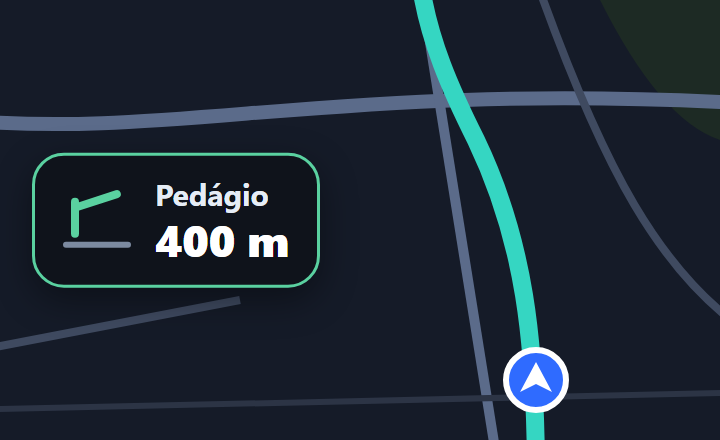 Na tela do GPS, o cartão de aviso: Pedágio, 400 m