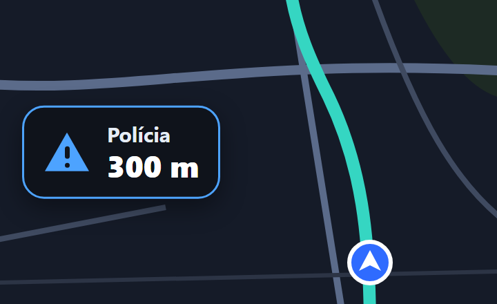 Na tela do GPS, o cartão de aviso: Polícia, 300 m