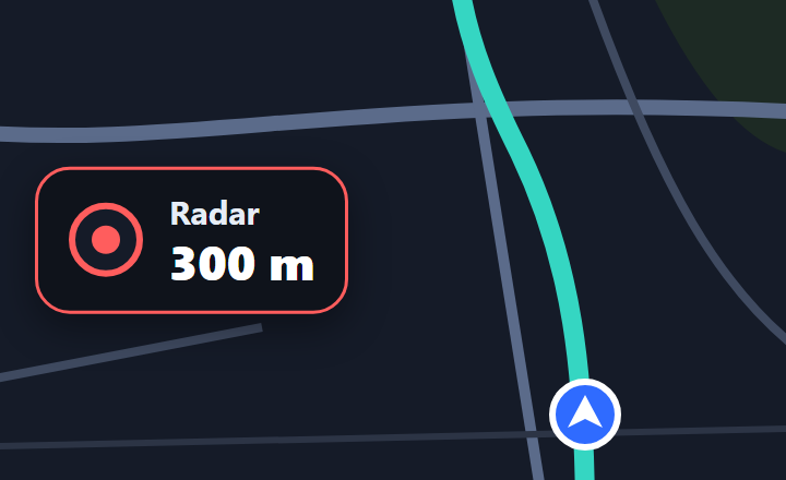 Na tela do GPS, o cartão de aviso: Radar, 300 m