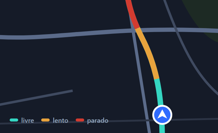 No mapa do GPS, o traço da rota passando de livre para lento e depois para parado