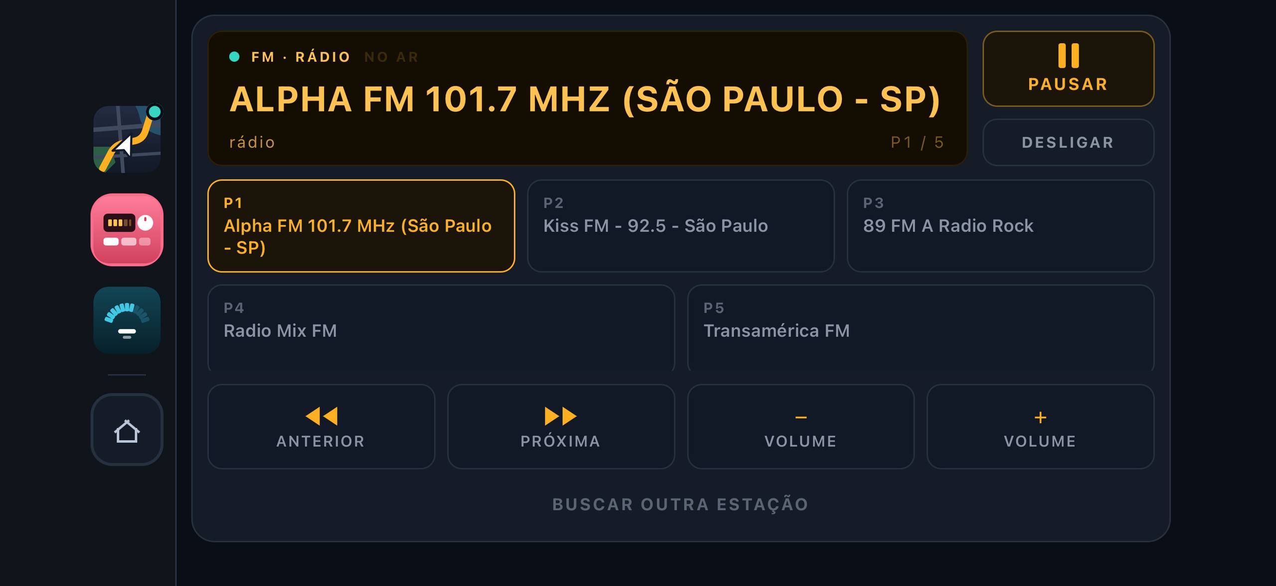 Rádio do Copiloto no celular, com a estação tocando, as favoritas e a busca por estilo